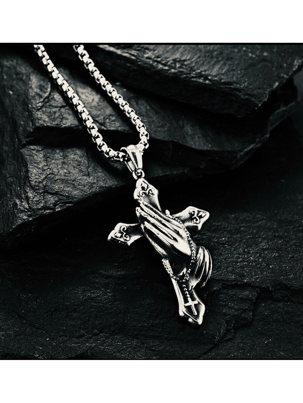 New -Chic -Vintage Inspired -Stainles Steel -Praying Hands Cross Charm Necklace